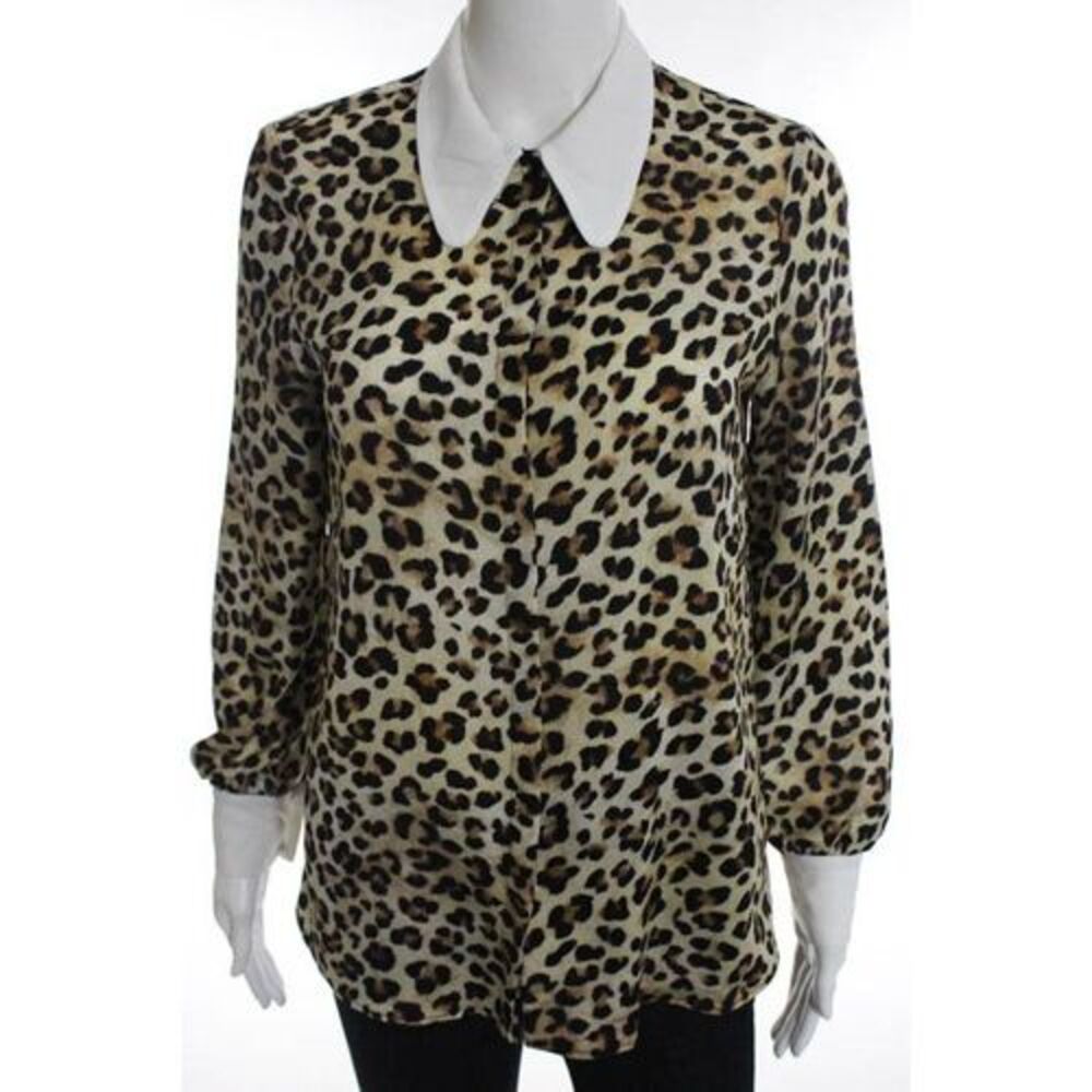 Trafaluc Brown White Leopard Print Long Sleeve Button Down Blouse Size Small